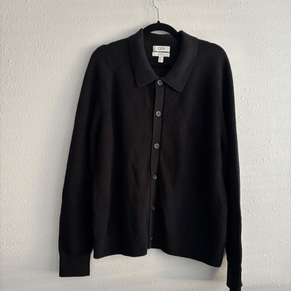 COS Black Collared Ribbed Wool-Cashmere Cardigan w/ Buttons - Size Large - Picture 3 of 7